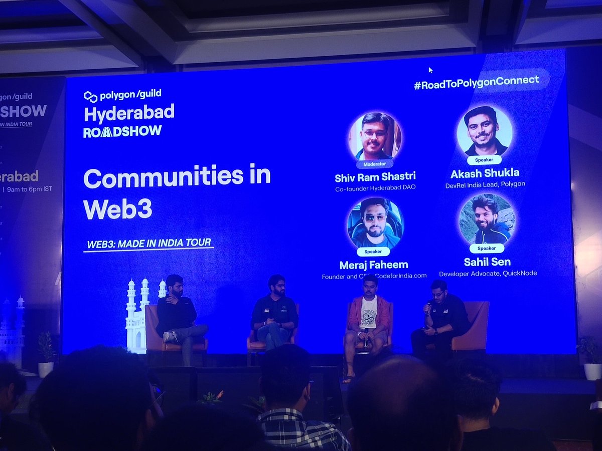 ShivaAdepu's tweet photo. Panel Discussion on Web3 Communities in India and What role they play in the product by panelists @sivramshastri @0xAkashShukla @merajismeraj @sensahil
@codeforindia_
@0xPolygon #LFG @GuildHyderabad
#PolygonGuildHyderabad #RoadtoPolygonConnect #Web3MadeInIndiaTour https://t.co/AzAaYiBLTb