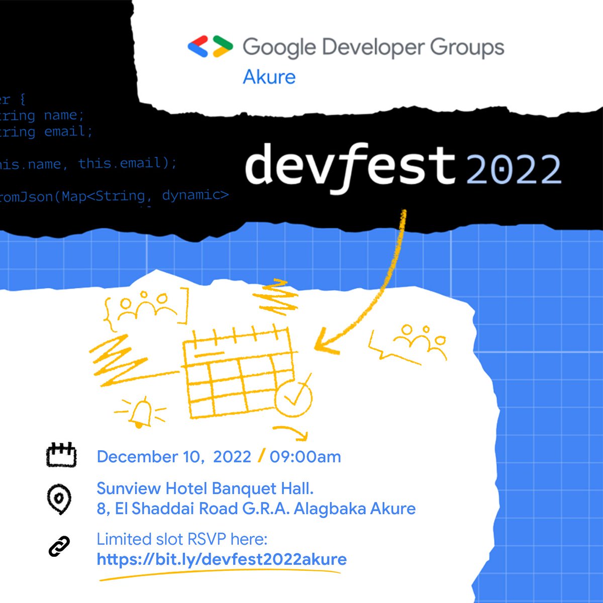 It's DevFest Akure time!

This year, DevFest is an opportunity to rebuild our local community, reconnect with friends and discuss career growth and opportunities amongst others.

The last time we did was 2015 so! RSVP here: bit.ly/devfest2022aku…

#DevFestAkure
#DevFest22Akure