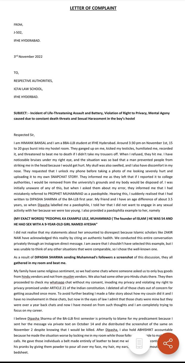 SVishnuReddy's tweet photo. Himank Bansal studying in IFHE Hyderabad assaulted and forced to chant "Allah Hu akbar" in campus by senior students of another religion.

IFHE comes under Hyderabad parliamentary constituency of @asadowaisi but not a single word by him yet!

Also no media reporting this matter. https://t.co/qGy5Xyvi6H