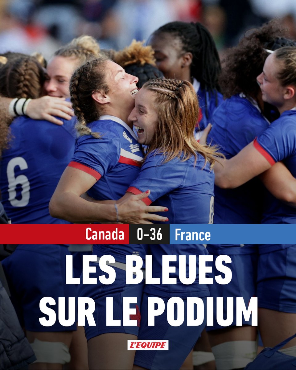 lequipe's tweet photo. L'équipe de France a corrigé le Canada (36-0), lors du match pour la troisième place de la Coupe du monde. Les Bleues repartent avec la médaille de bronze pour la septième fois de leur histoire. https://t.co/gLz3i9UYJy https://t.co/aFGqmQrWRp