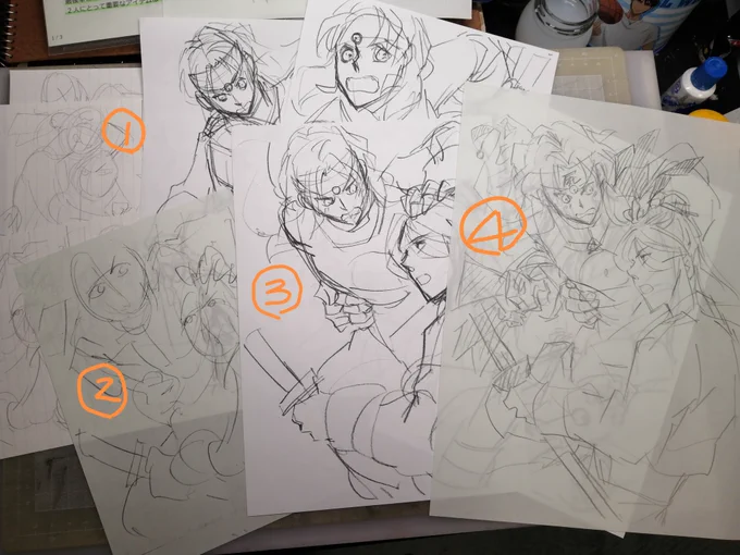 オリジナル中華風マンガまとめ配信用の表紙のラフ。①A6サイズ、②A5、③B5、④A4。①はドトールとかで作業。6枚案を出して、④で4枚に。これで担当者に見てもらって最後に1枚になります😄
#オリジナル漫画 
