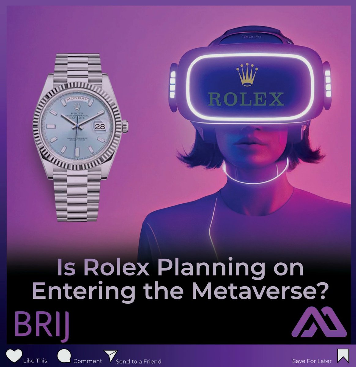 BrijDv's tweet photo. Rolex has filed a number of trademarks related to #NFTs, virtual collectibles, avatars, digital wallets, &amp; more

#Rolex doesn't do e-commerce, are they planning to skip this stage &amp; go straight into the #Metaverse?

#VirtualReality #Crypto #Ethereum #Bitcoin #FTX #Binance #BrijDv https://t.co/3r5xOn1HJL