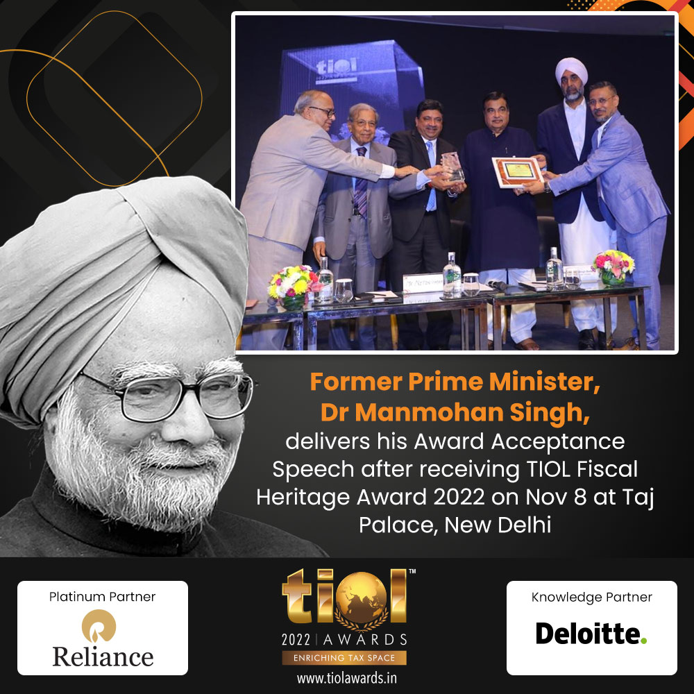 TiolAwards's tweet photo. Former Prime Minister, Dr Manmohan Singh, delivering his Award Acceptance Speech after receiving TIOL Fiscal Heritage Award 2022 on Nov 8 at Taj Palace, New Delhi - https://t.co/f45tlPslSu
#tiolawards2022
@nitin_gadkari @ptrmadurai @MSBADAL  @NKSingh_MP @TIOLshailendra @Deloitte https://t.co/m9JoRgVYGv