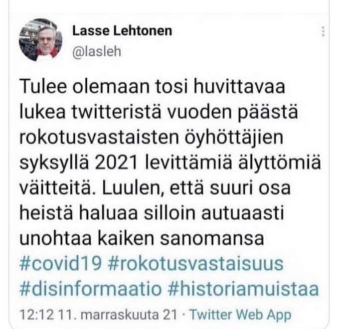 @Finlandroads Lasse Lehtosella oli 11.11. Vuosipäivä tälle twiitille. Sen johdosta somessa on kiertänyt erilaisia memejä tälle 'vitsikkäälle asiantuntijalle'. Minäkin palasin twitteriin 10kk poissaolon jälkeen 'onnittelemaan' Lassea ja sain heti meriittieston. En unohda. #lasleh