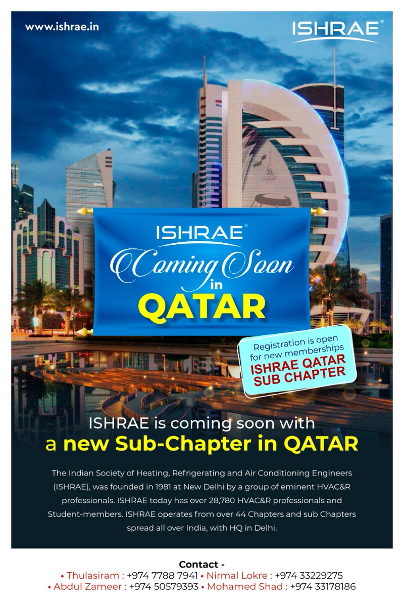 ishraehq's tweet photo. We are coming soon to Qatar.🔜
#Qatar #ISHRAE #Hvacr #Hvac #Hvacworld #Iskid #AHRExpo #Rata #Ashrae #ishraechapters #newbeginnings #communityevent #hvaccommunity https://t.co/D6cIZzZJXB