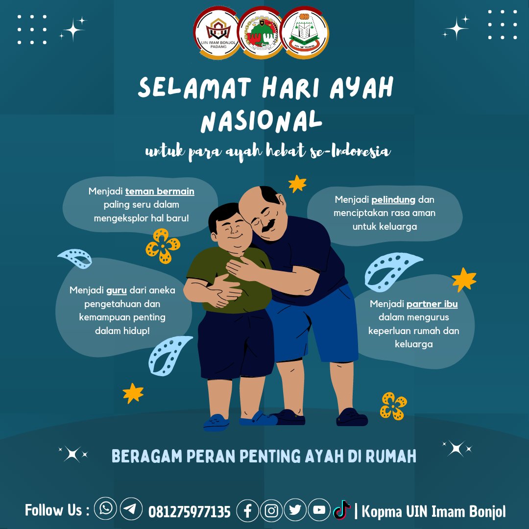 Hallo Kopmania👋🏻
Seorang ayah adalah pahlawan pertama bagi anak laki-lakinya dan cinta pertama bagi anak perempuannya👨‍👧‍👦  Selamat Hari Ayah untuk seluruh ayah hebat di Indonesia😇
Follow us: @kopma_uininpadang
📞: 081275977135
#familymorethanothers #bravokopma #HariAyah