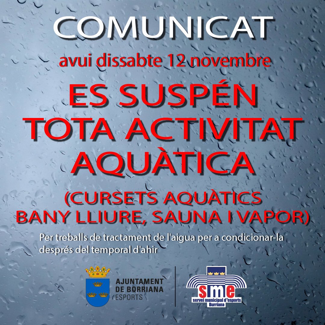 Les fortes pluges d’ahir ens obliguen a fer treballs de tractament d’aigua.  Per aquest motiu no es pot realitzar activitat aquàtica durant el dia d’avui, dissabte 12 de novembre. 
#AjuntamentBorriana
#AyuntamientoBurriana
Burriana.es
sme.burriana.es
