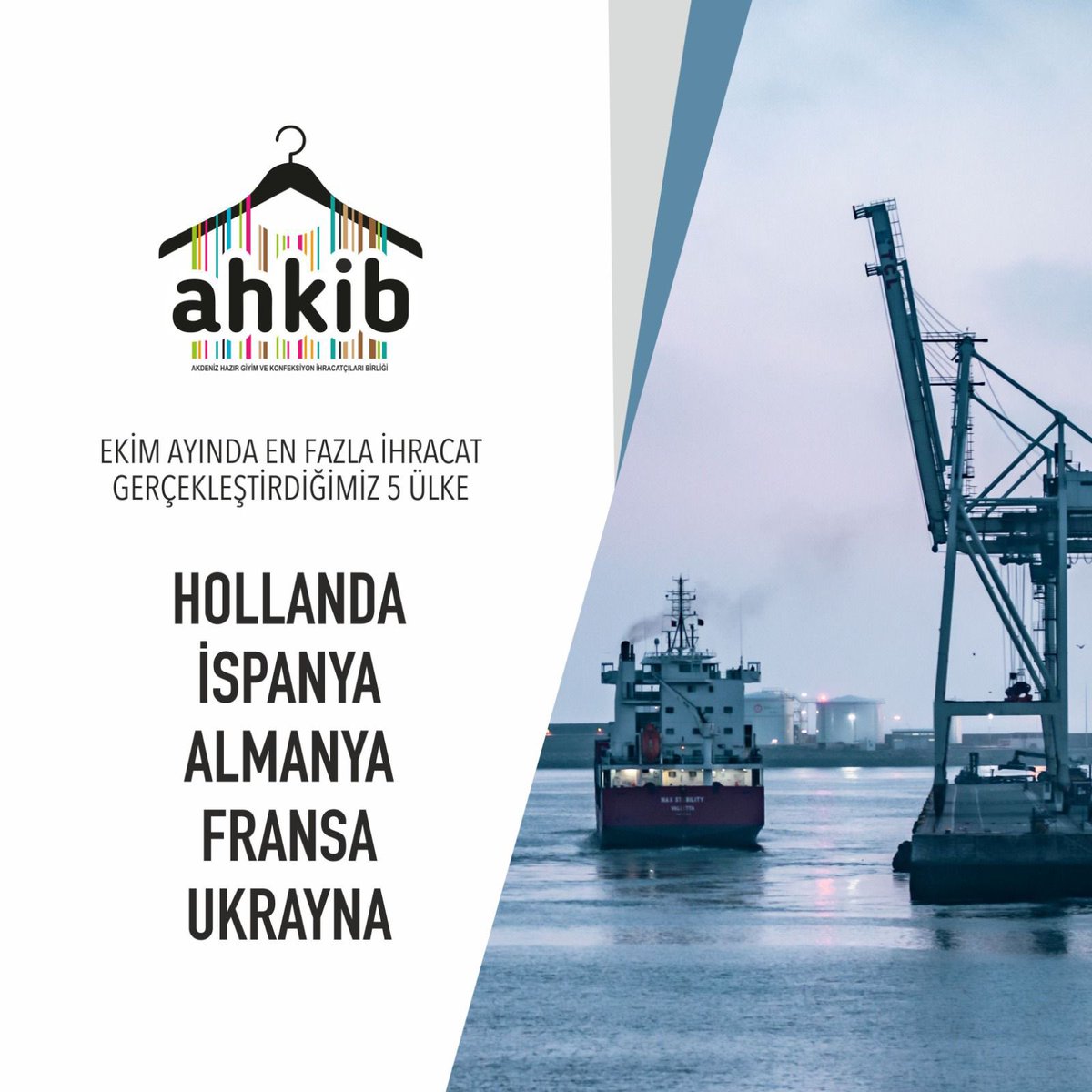 Ekim ayında en fazla ihracat gerçekleştirdiğimiz 5 ülke Hollanda, İspanya, Almanya, Fransa, Ukrayna.

#Türkiyeihracatlayükseliyor
#hazirgiyimvekonfeksiyon
#ahkibihracat #ahkib 
#ihracat #export 
#tim #ticaretbakanlığı