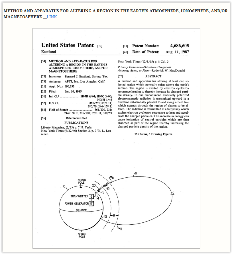 Djindji4's tweet image. Patent

METHOD AND APPARATUS FOR ALTERING A REGION IN THE EARTH’S ATMOSPHERE, IONOSPHERE, AND/OR MAGNETOSPHERE

zerogeoengineering.com/wp-content/upl…