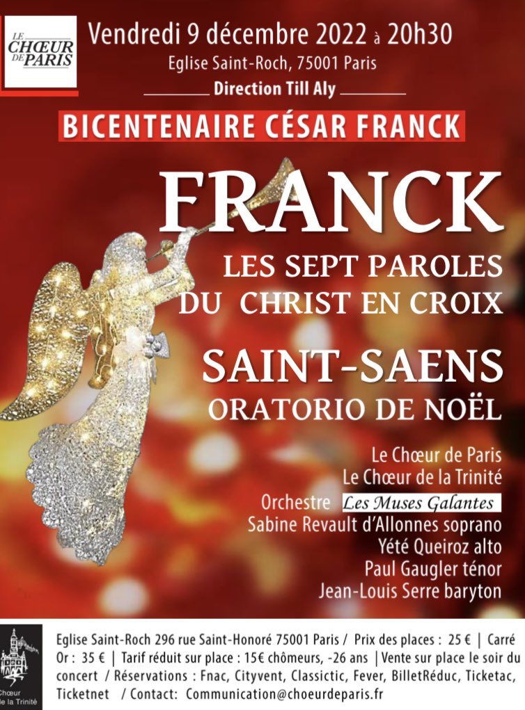 choeur's tweet photo. 🎶🎄concert de Noël

César FRANCK, les 7 paroles du Christ
Camille St SAENS, Oratorio de Noël

Église St Roch Paris
Vendredi 9 décembre 20h30

Chœur de Paris Choeur de la Trinité Les Muses Galantes
dir.Till Aly
Solistes Sabine Revault d'Allonnes Yété Queiroz JL Serre Paul Gaugler https://t.co/ghThinO9oU