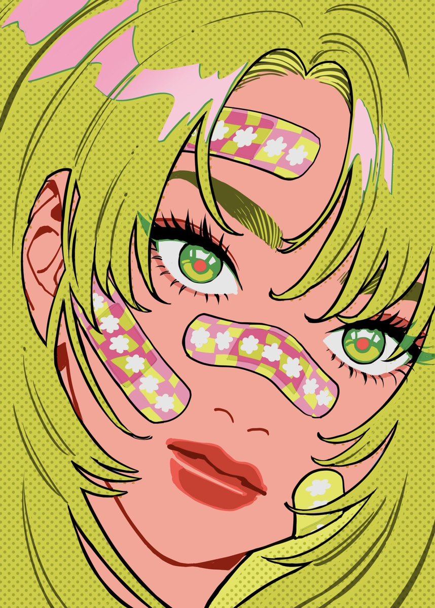 1girl solo bandaid green eyes bandaid on face green hair looking at viewer  illustration images