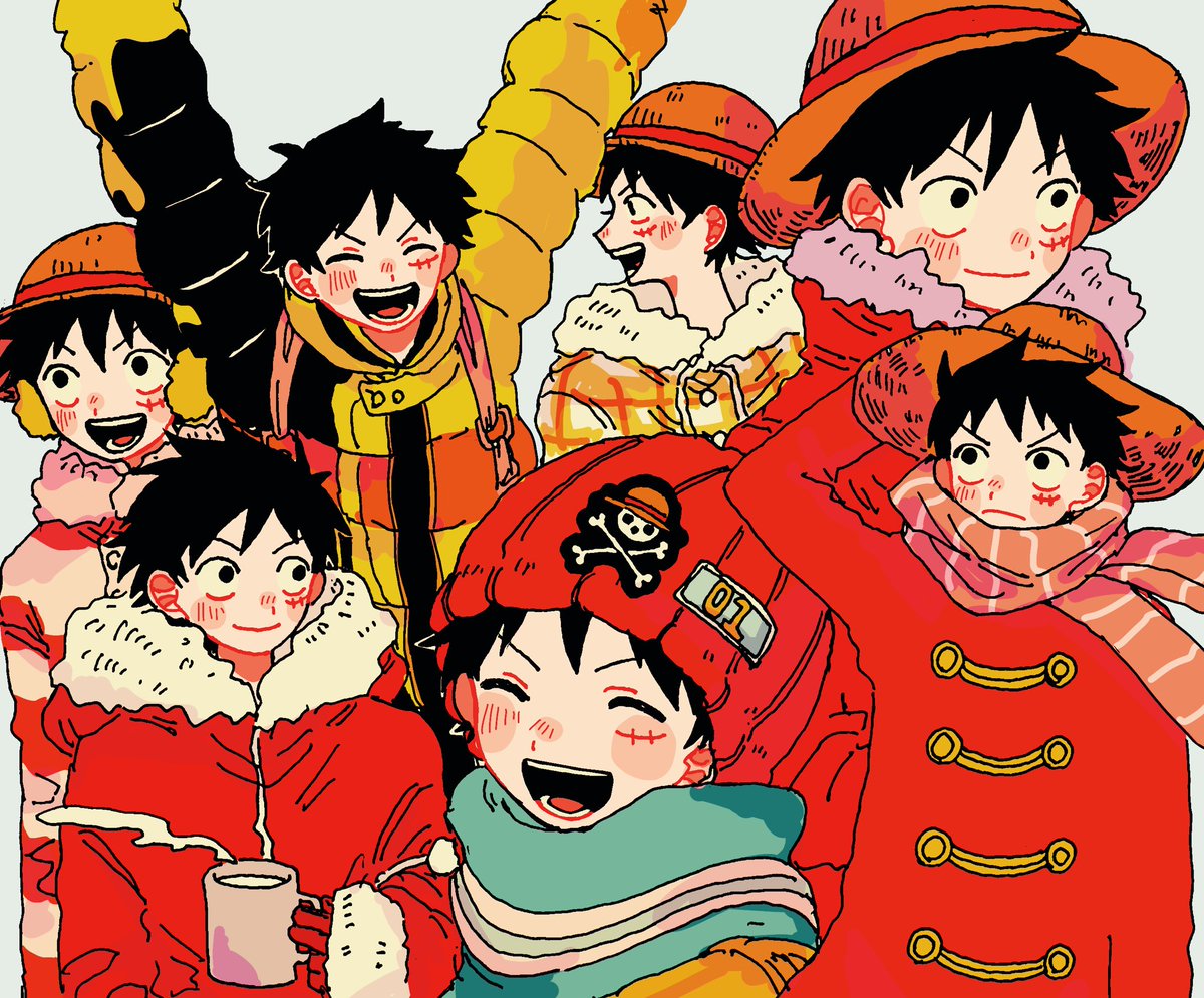 monkey d. luffy male focus hat scar winter clothes black hair smile cup  illustration images