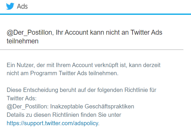 Der_Postillon's tweet photo. Offenbar kam unser Anzeigentext "Wir testen nur mal das Werbedings, weil wir Elon Musk ärgern wollen." bei  Twitter nicht gut an. Die Anzeige wurde nicht nur abgelehnt, sondern der Postillon auch noch komplett für Twitter Ads gesperrt wegen ... https://t.co/iFB4vknRQ4