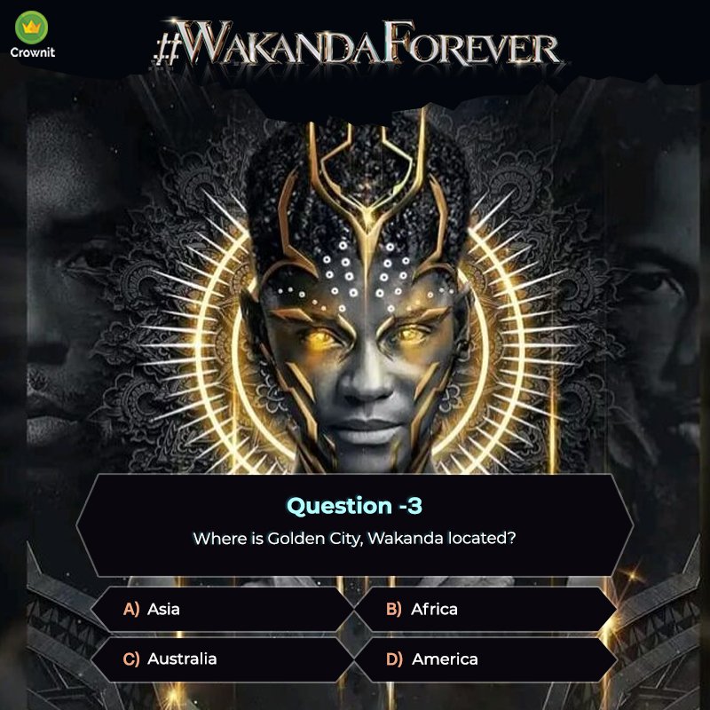 IpsosCrownit's tweet photo. Question 3: The last question is here! Make sure you answer all the 3 questions of our #WakandaForver contest, correctly and tag as many friends as possible to increase your chances to win! 

#wakanda  #BlackPanther #MarvelStudios #marvelcomics #ContestAlert #Crownit #BMS https://t.co/tby8ieiu5C