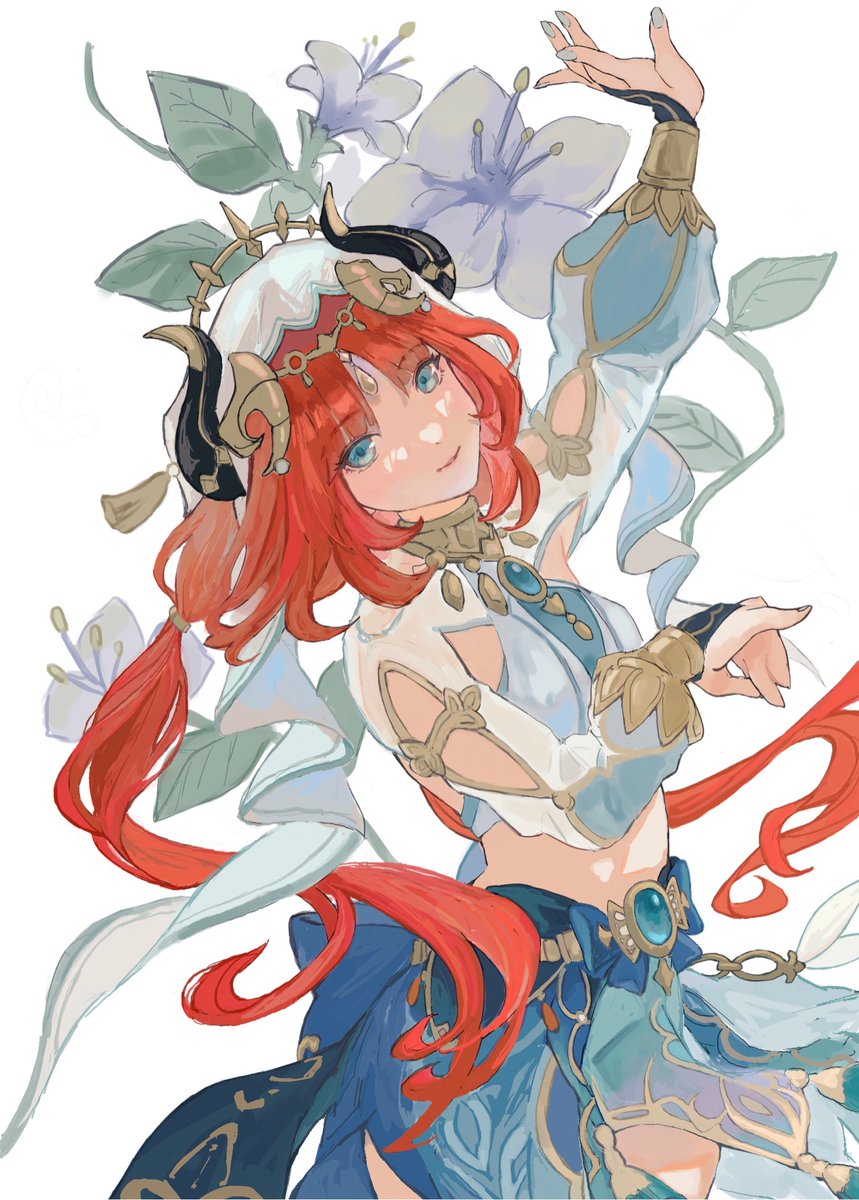 nilou (genshin impact) 1girl solo red hair long hair horns veil flower  illustration images