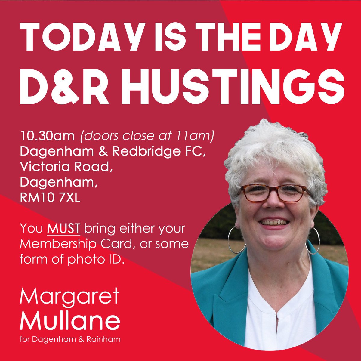 Margaret4DR's tweet photo. Looking forward to speaking with members at the hustings this morning. Thank you to the trade unions, CLP branches, and my team for their support. 

If members put their faith in me today we can build the #Dagenham &amp; #Rainham of the future and win the next election together. 🌹 https://t.co/Jbo25owYxd