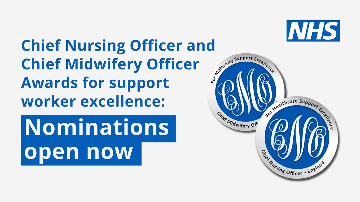 Nominations for the @CNOEngland and @TeamCMidO healthcare and maternity support worker awards are open.

If you know a HCSW or MSW who exemplifies the NHS values, nominate them today! #teamCNO #TeamCMidO 

england.nhs.uk/nursingmidwife…
