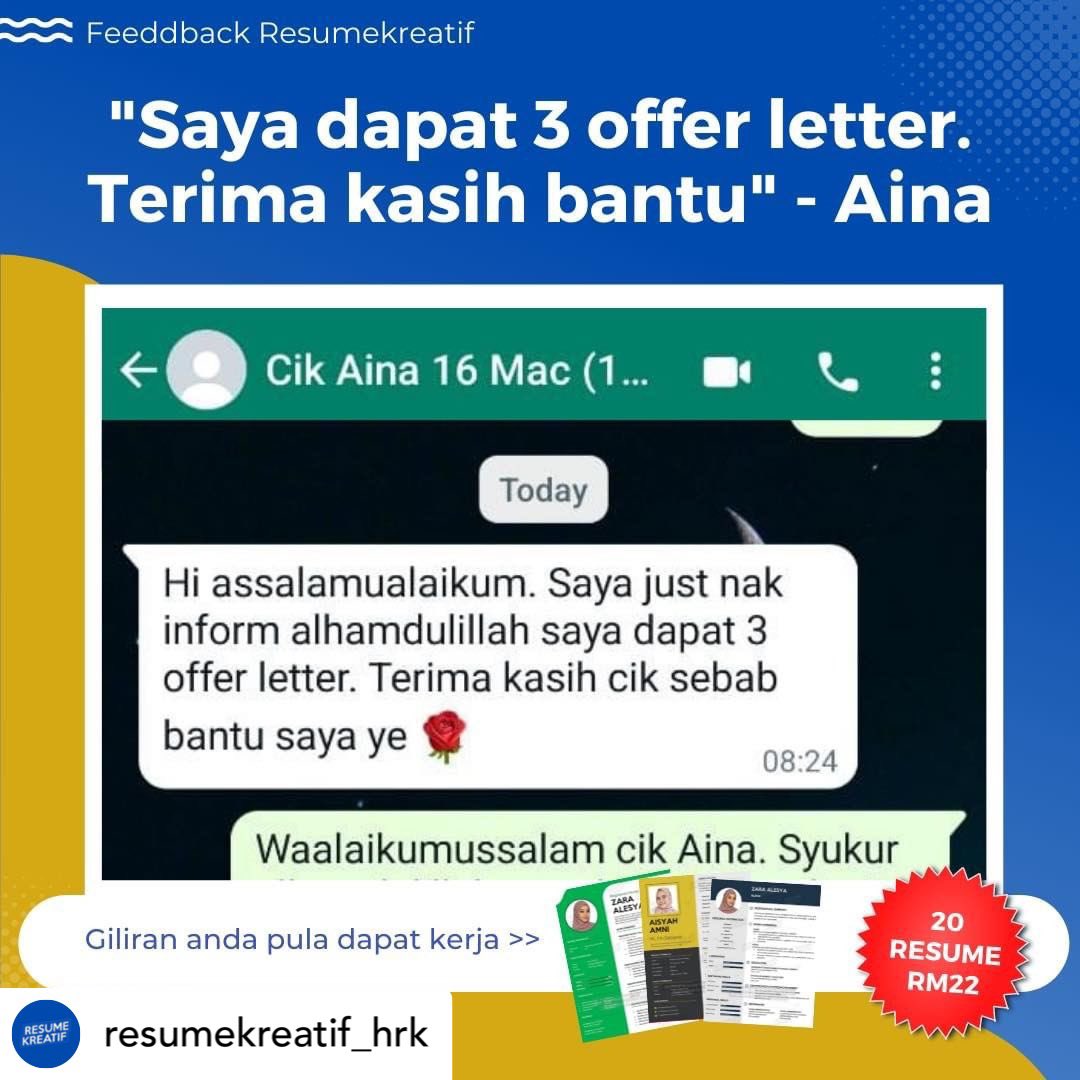 freshgradkerja's tweet photo. Masalah ramai orang harini adalah tak pandai buat resume yang berkesan sehingga resume dorang kena reject dengan HR 😢
Nak tahu rahsia cepat dapat kerja? Dapatkan servis Resumekreatif di: https://t.co/BdohRfafE5
.
.
#feedbackRK
#RahsiaDapatKerja https://t.co/t1lKszkVEU
