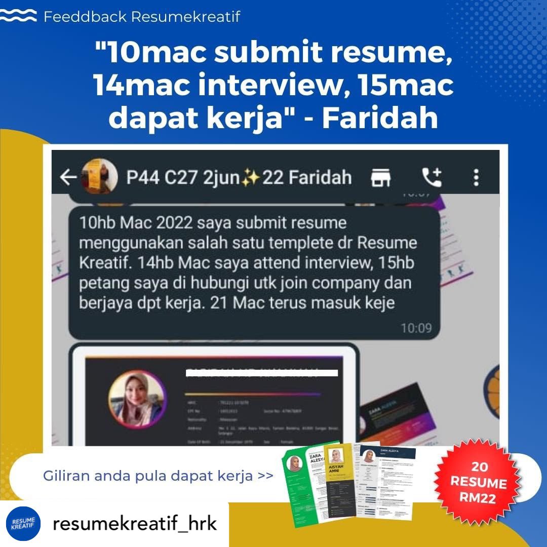 freshgradkerja's tweet photo. Masalah ramai orang harini adalah tak pandai buat resume yang berkesan sehingga resume dorang kena reject dengan HR 😢
Nak tahu rahsia cepat dapat kerja? Dapatkan servis Resumekreatif di: https://t.co/BdohRfafE5
.
.
#feedbackRK
#RahsiaDapatKerja https://t.co/t1lKszkVEU