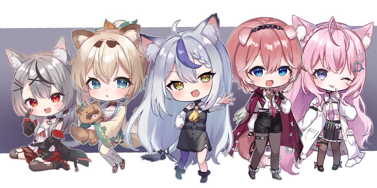 hakui koyori ,kazama iroha ,la+ darknesss ,sakamata chloe ,takane lui multiple girls animal ears pink hair 5girls blue eyes grey hair wolf ears  illustration images