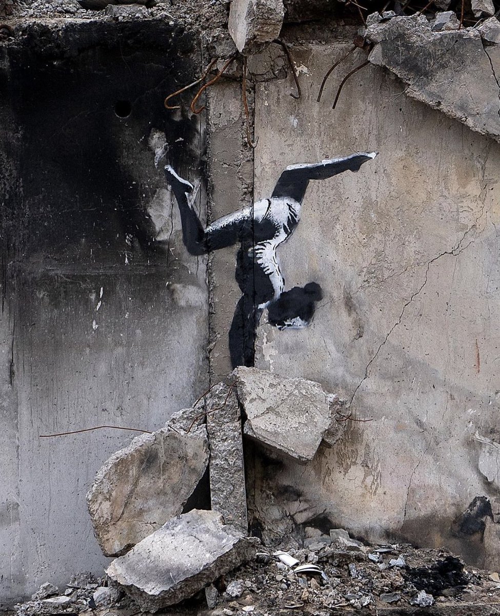 New #Banksy on a bombed building in Borodyanka #Ukraine. Powerful image.
