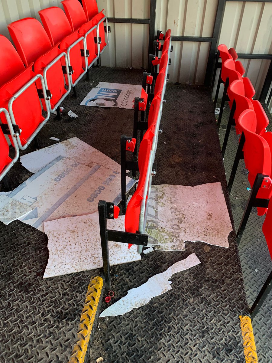 Saltneytownfc's tweet photo. So so disappointing to see perhaps the worst vandalism we’ve seen. New dugouts, advertising boards and stand attacked again. A fence is the only answer. Good people are walking away from our club. We could actually be about to fold! @NoelMooney13 @ArdalNorthern @DeesideDotCom https://t.co/inozzBO42z