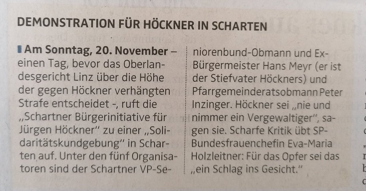 Wo ist die jeweilige rote Linie der ÖVP-Teilorganisation Seniorenbund und eines Gremiums der Katholische Kirche, wenn sie für einen rechtskräftig verurteilten Vergewaltiger eine Demo organisieren.

Das ist w christlich n sozial

Screenshot: OÖN