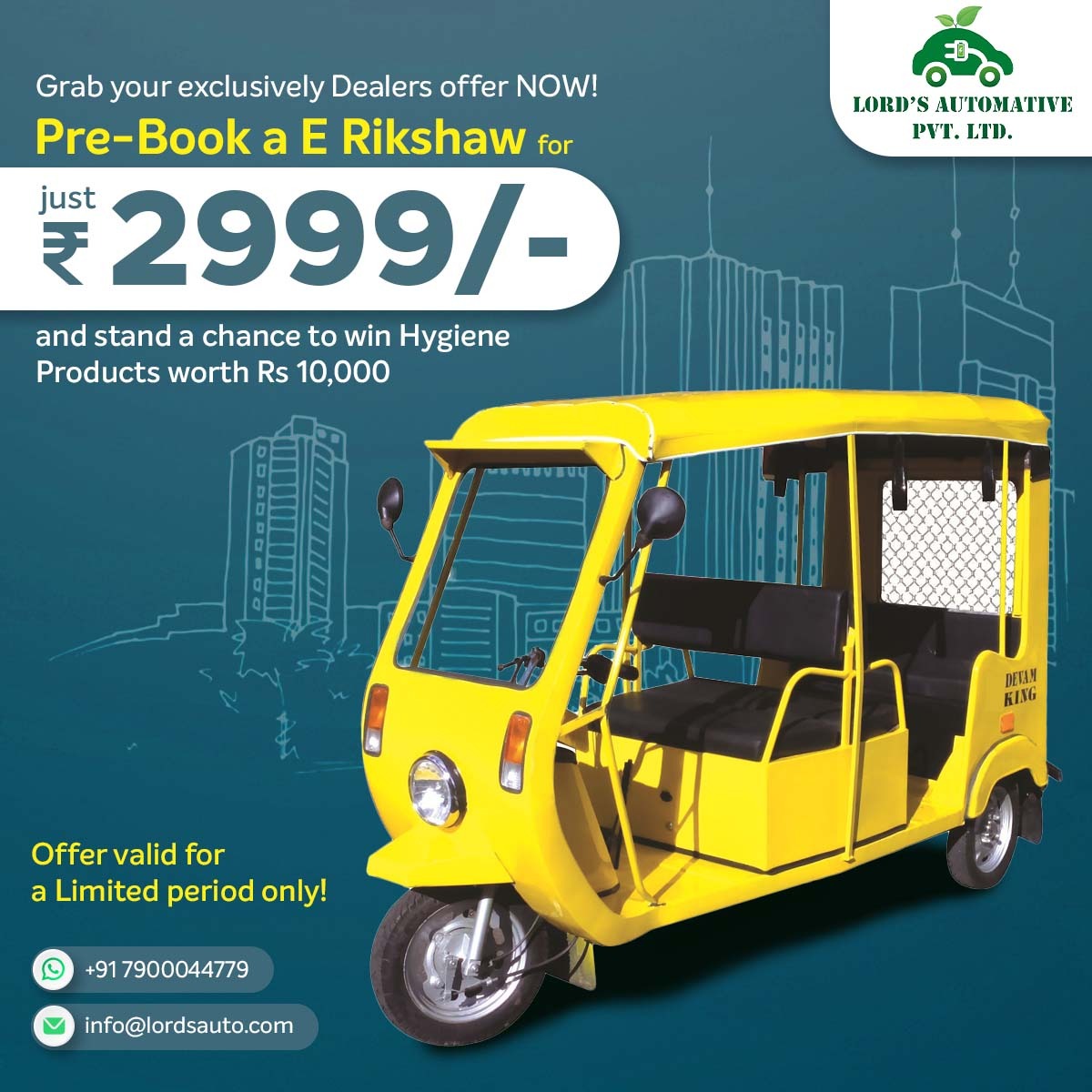 1st 200 customers to pre-Book E-Rickshaw, Loader will get the chance to win hygiene products worth 10k in lucky draw

Be the first dealer to grab the offer 

Book yours today!
.
#devam #DevamByLordsauto 
#lordsautomative #autoriksha #electricvehicles #dealeroffers #greatoffers