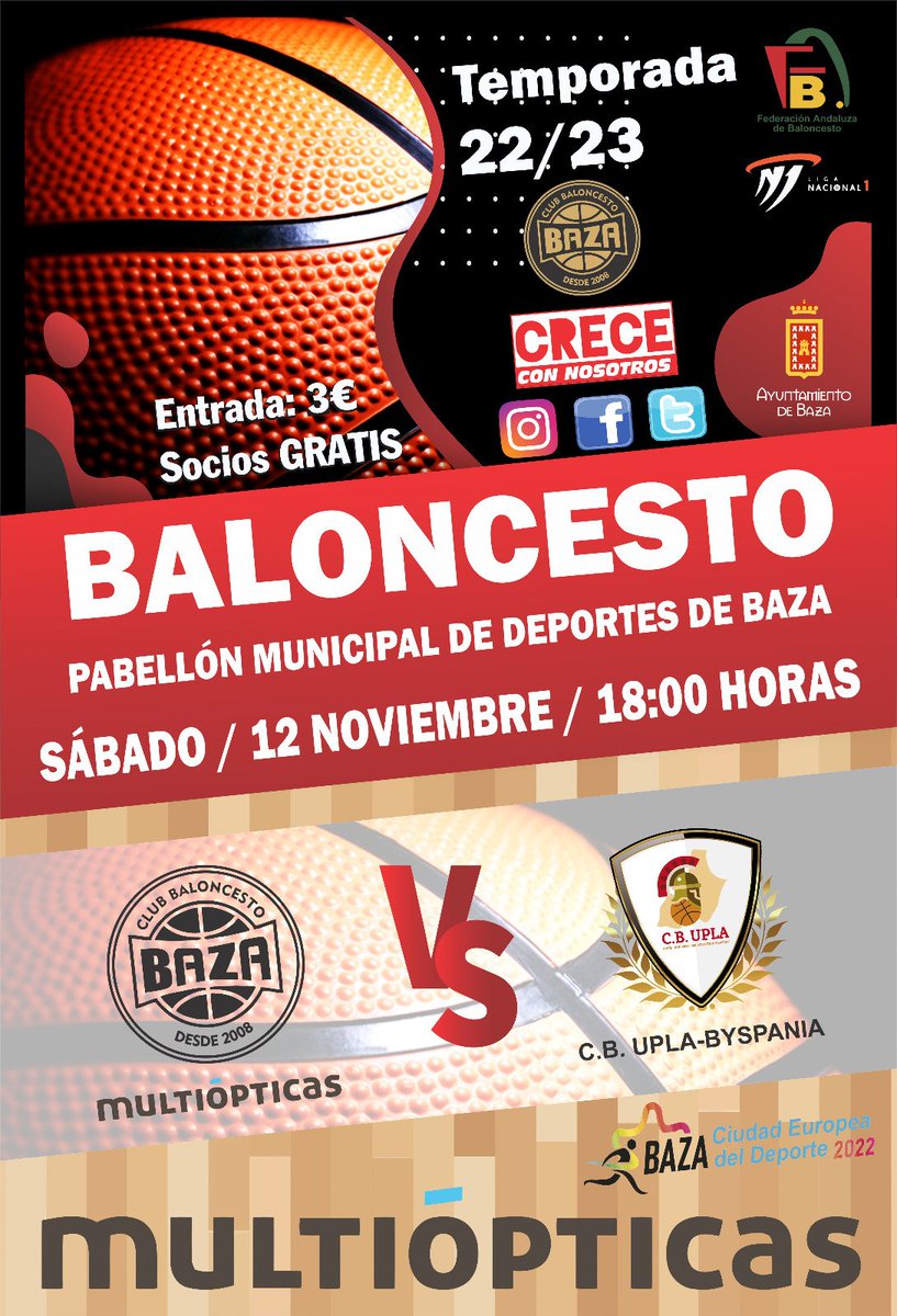 cbbaza's tweet photo. Apoya a tu equipo 📢🙌🏻ante un rival plagado de jugadores internacionales, no te pierdas este espectáculo en nuestra ciudad.

🏀 @mo_multiopticas Baza 🆚 @cb_upla
🗓️ Sabado,12 de noviembre 
⏰ 18:00H
🏟️ Pabellón Municipal
@ViverosZuaime @grupodentia @AytoBaza @DoceTVBaza @ https://t.co/iFLO0LGz4X