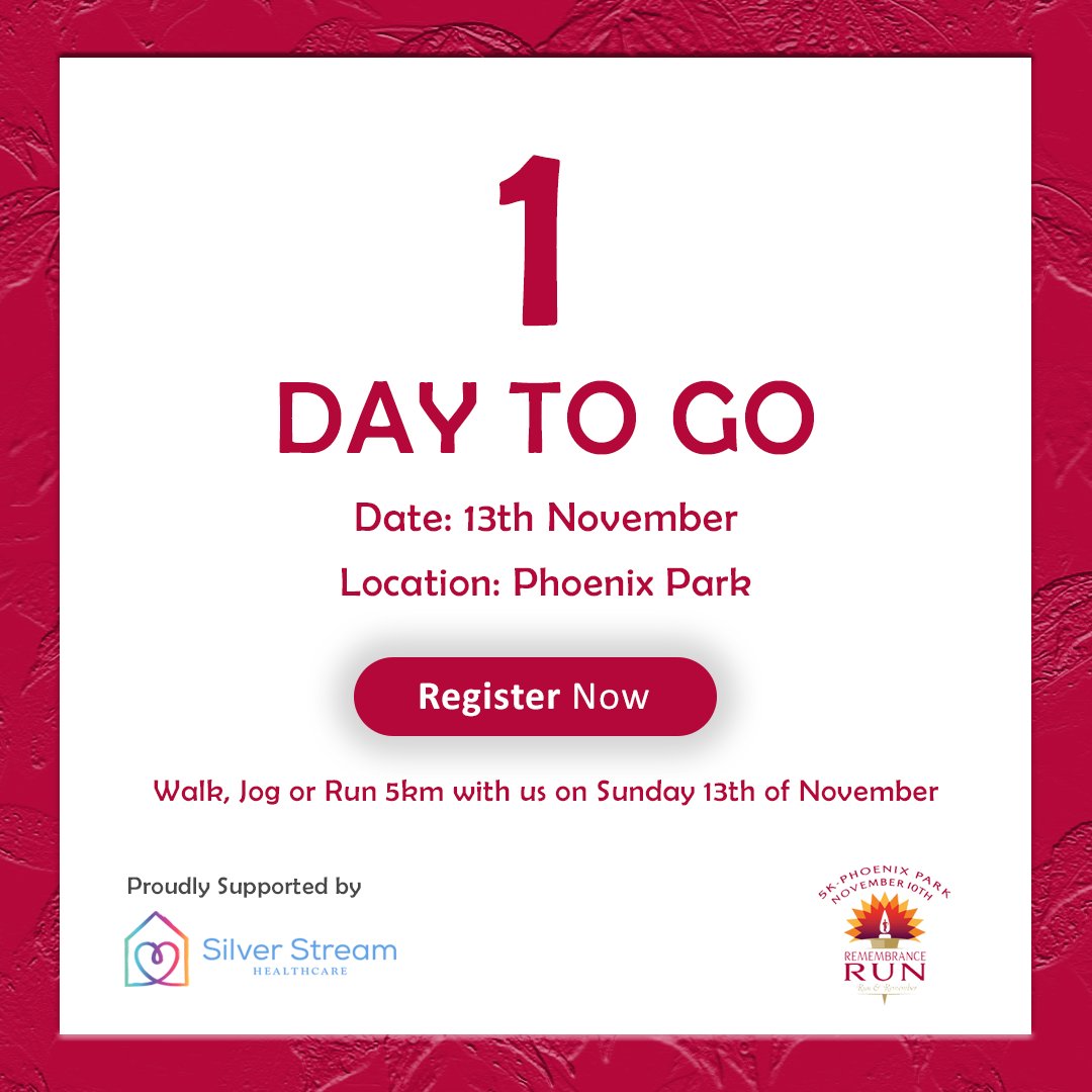 SilverStream10's tweet image. Just 1 day to go! 🎉

Walk, jog or run with us tomorrow 🏃🏽🏃🏻‍♀️

📍 Phoenix Park

#remembrancerun