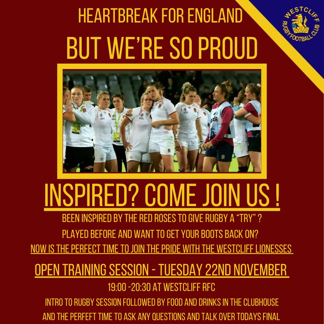 We are so proud of the Red Roses.
If you've been inspired to give rugby a try, why not join the Lionesses for an open training session on Tuesday 22nd November, 7pm - 8:30,pm. You won't regret it! 
#RWC2021 #RedRoses #ENGvNZL #TeamDream