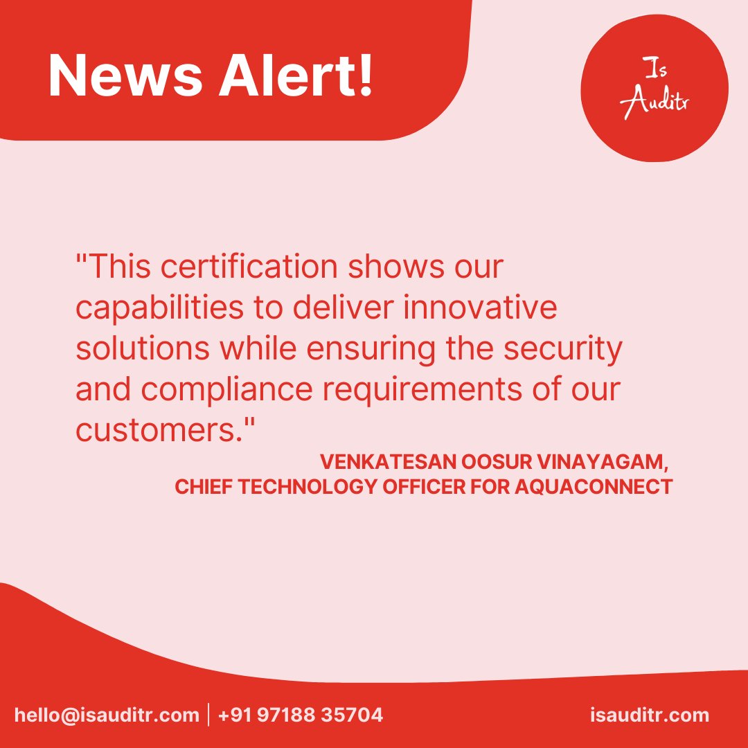 isauditr's tweet photo. The IS Auditor would like to congratulate Aquaconnect  for being India’s 1st Aqua start-up to earn ISO:27001 certification.

#isauditr #isocertifications #iscertified #aquaconnect #isms #isocertified #qualitystandards #iso9001 #iso27001 #gdpr #hippa #india #newsalert #isonews https://t.co/Cdheeeh2Tl