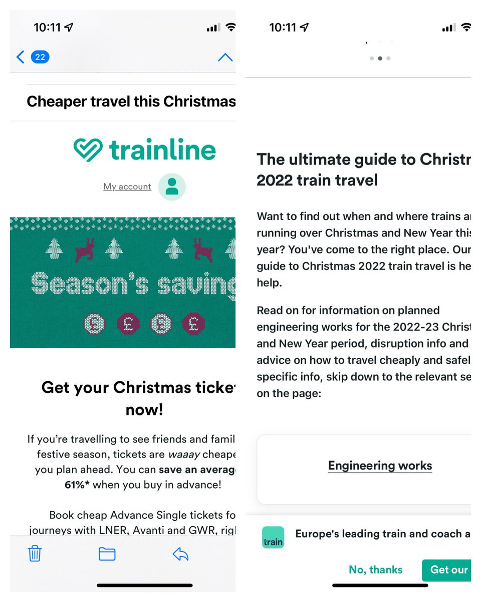 Brilliant <a href="/thetrainline/">trainline</a> - advertising Christmas train travel .. then when you click on the link, the first section is “Engineering Works”. Genius.