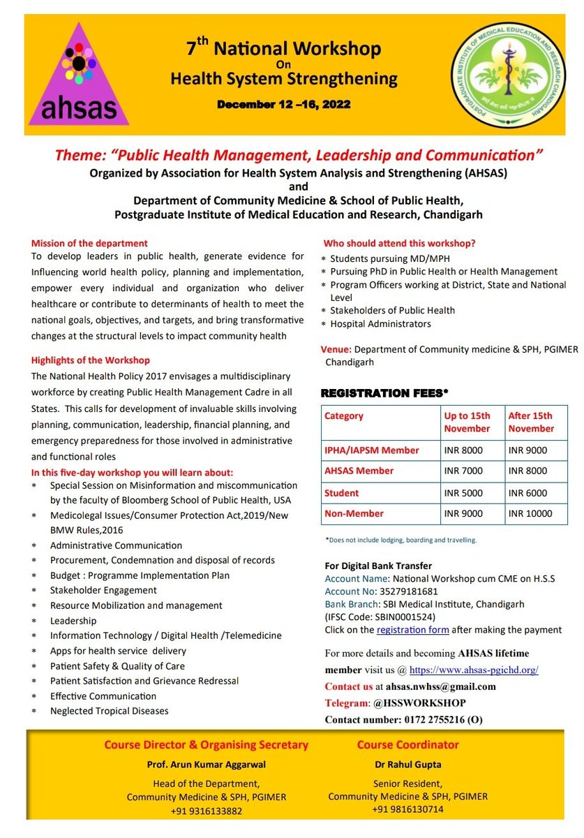 aggak63's tweet photo. Early Bird Registration till 15 Nov 2022. 7th National Workshop cum CME has focus on Public Health Management, Leadership and Communication to meet the needs of Public Health Management Cadre https://t.co/JFiTazmzk0