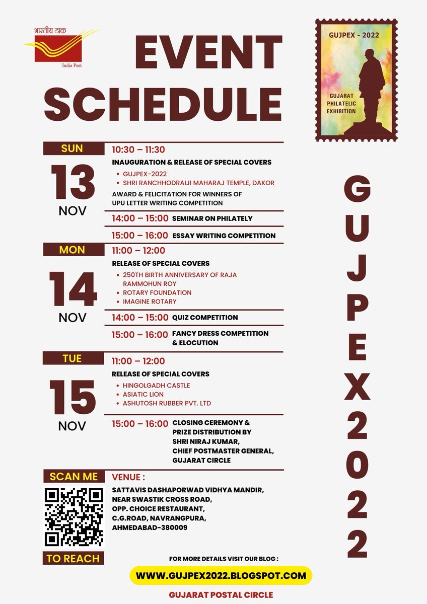 cpmggujarat's tweet photo. Somewhere, something incredible is waiting "GUJPEX-2022". 
Event Schedule from 13th to 15th Nov 2022. So plan your visit with your children to know about the "Philately-The King of Hobbies" @IndiaPostOffice @pmgnorthgujarat @pmgvadodara @pmg_rajkot @PIBAhmedabad https://t.co/jvVrWF6OOd