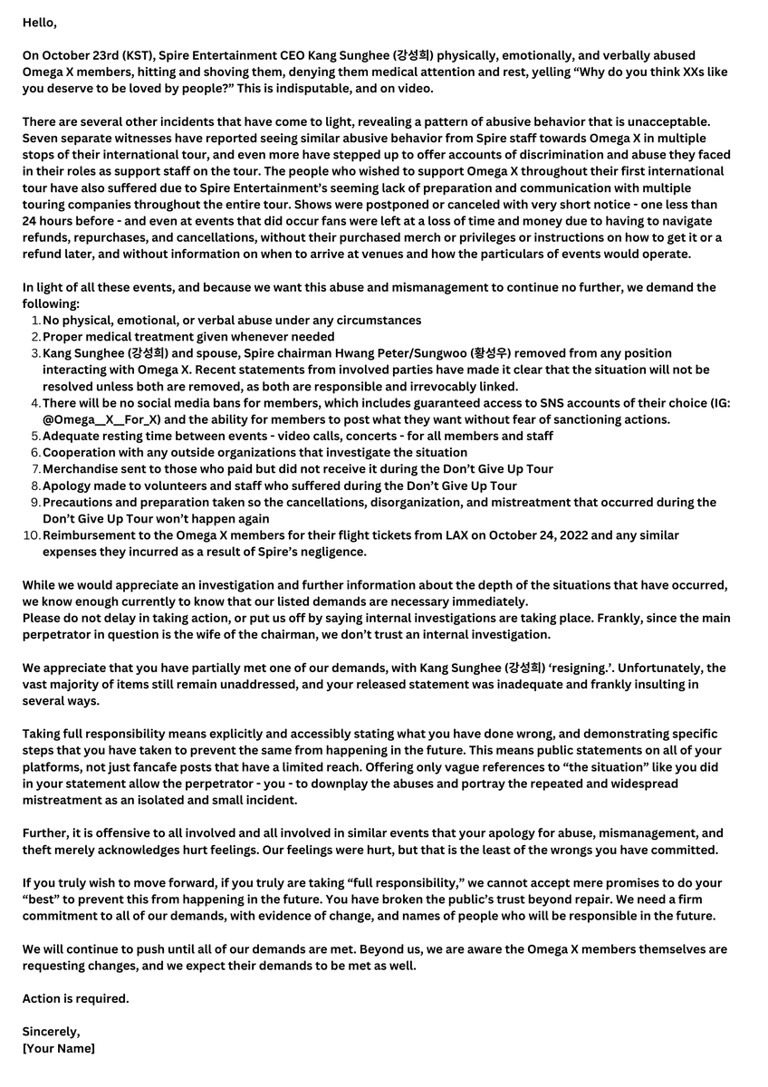 01gyeomhoon's tweet photo. Email template to help #PROTECTOMEGAX has been updated for some languages👉 https://t.co/cXNqxxOyNJ
We did get CEO Kang resignation before. So, Lets mass email again until we fully get our remaining demands for #OMEGA_X!
#ChairmanHwangRESIGN #OnOmegaXSide #언제나_오메가엑스편 https://t.co/yL9s3jixMc