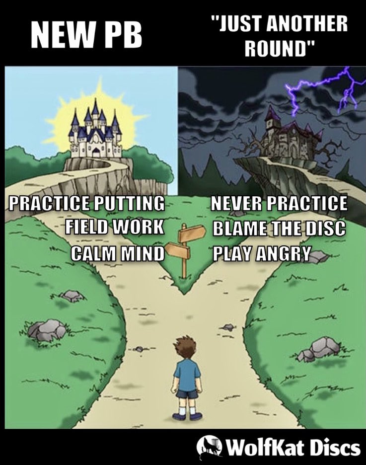WolfKatDiscs's tweet photo. Some rounds feel like there are on one path, and some feel like they are on others. 🥏⛓🏰⛈. #discgolf  #discgolfmeme https://t.co/ho3ev2weTB