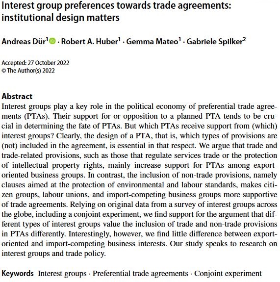 In a new piece in @IGA_journal, we (@andduer, Gemma Mateo, @gabi_spilker, and I) investigate how PTA design affects interest groups’ support for PTAs. A survey-embedded conjoint experiment with more than 600 groups provides important insights—a #thread. doi.org/10.1057/s41309…