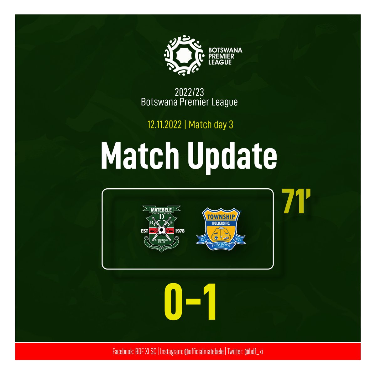 bdf_xi's tweet photo. #๐ ๐ฎ๐๐ฐ๐ต๐จ๐ฝ๐ฑ๐ฎ๐๐ฒ โฐ | 71'
#BDFXI 0-1 #TownshipRollers
โฝ๏ธ | Wetshoemang
#OfficialMatebele #TheCamoBoys https://t.co/XGAH6eQTxc