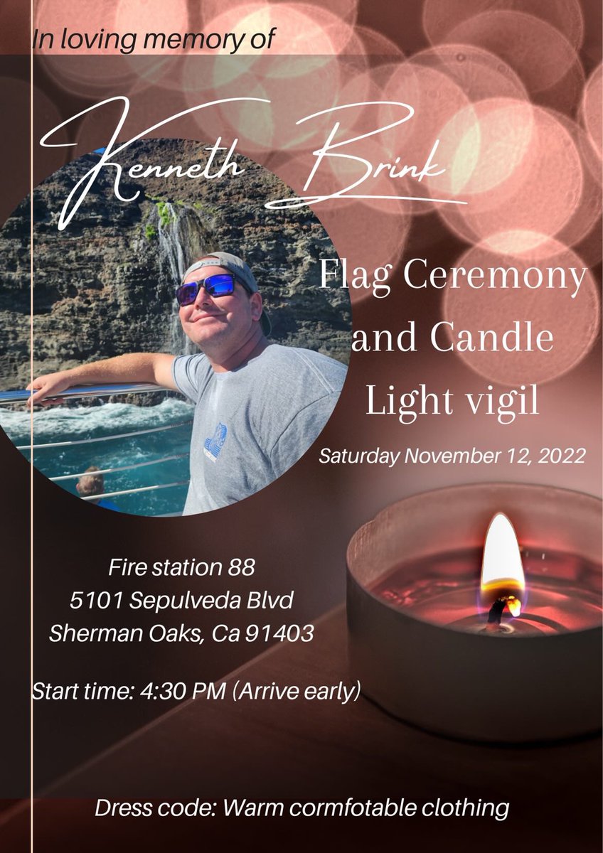 The members of <a href="/LAFD/">LAFD 🔥</a> Fire Station 88 will be hosting a ceremony to honor Firefighter Kenneth “Kenny” Brink this evening at 4:30pm.
