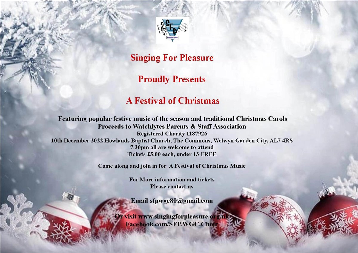 Singing for Pleasure Presents a Festival of Christmas Concert
10th December 2022 7.30pm
For more information please visit us at
singingforpleasure.org.uk