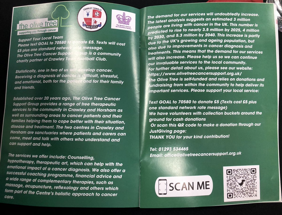 OliveTreeCSC's tweet image. Thank you @crawleytown for hosting us today and for all the support you are providing to us and our local community. We are here if anyone needs help to relieve emotional and physical symptoms of cancer treatment and after. Please donate if you are at the match. Big thank you