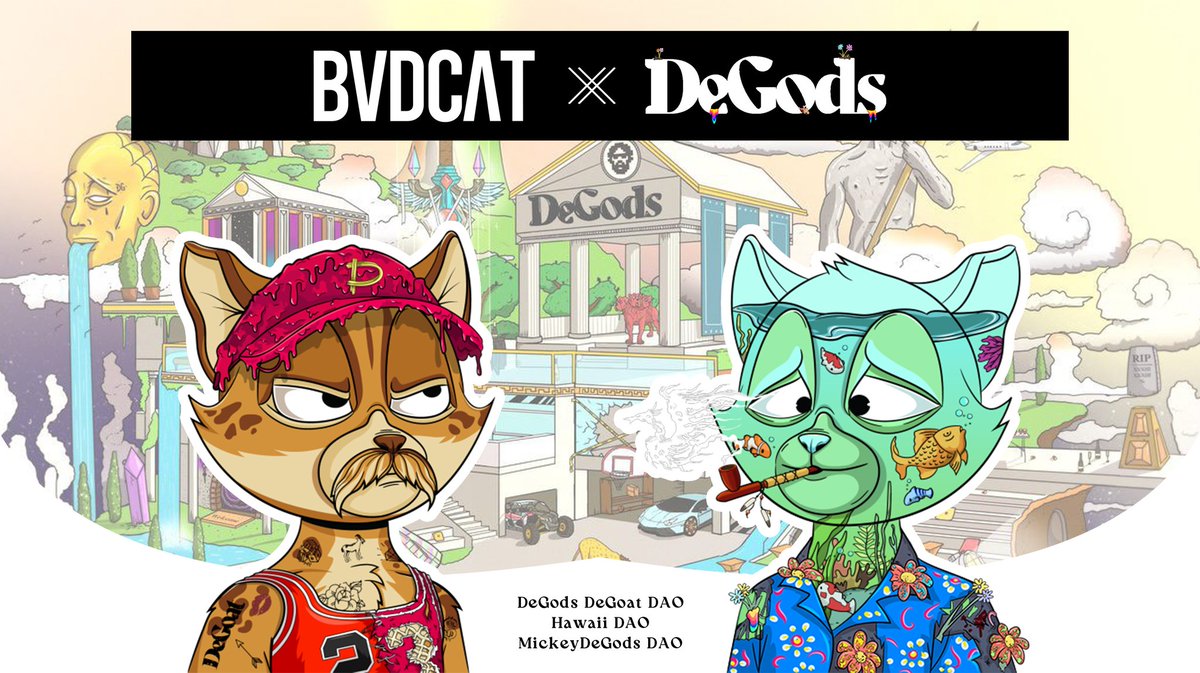 We're proud to announce our first wave of partnership 2 trait collabs.

Featuring:
<a href="/MickeyDegods/">Mickey DeGods 🍟</a>
<a href="/DeGoatsDegods/">DeGoatsDeGods.⌐◨-◨</a>
<a href="/HawaiiDAO/">HawaiiDAO 🌸👕</a>

It's been fun creating with some of the most iconic <a href="/DeGodsNFT/">DeGods</a> DAO's.

We'll be on live at 12:00PM PST today for a recorded space!

x.com/i/spaces/1MnGn…