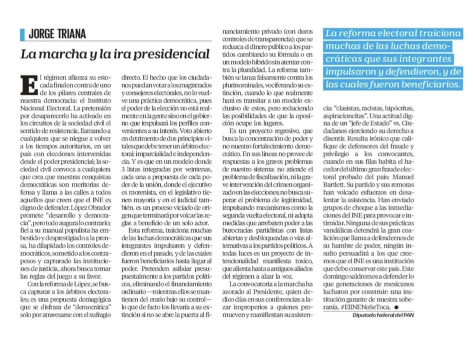 JTrianaT's tweet photo. Mi participación de esta semana para @El_Universal_Mx.

…el presidente dedicó días y días a lanzar improperios contra promotores de la marcha… un 'jefe de Estado' agrediendo a ciudadanos que ejercen su derecho a disentir.

👉 https://t.co/w48FN7WqKq https://t.co/JY7IUzcSOw