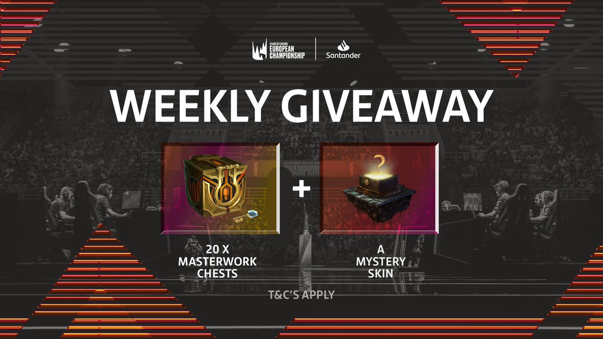 🎁 WEEKLY GIVEAWAY 🎁 2⃣0⃣ lucky winners will win: ⭐️20 MASTERWORK CHESTS AND KEYS ⭐️A MYSTERY SKIN To enter: ✅ Follow ✅ Retweet ✅ Reply which #LEC team you will be supporting in Spring 2023 👇 Winners drawn next week. GL!🤞 #LevelUpYourDreams #DreamMoment #esportsantander