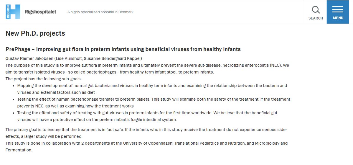 Yesterday, the first safety trial of the PrePhage study ended. Follow the link below, if you want to learn more about the project.

#NICUresearch #necrotizingenterocolitis #neonatlogy

rigshospitalet.dk/english/depart…
