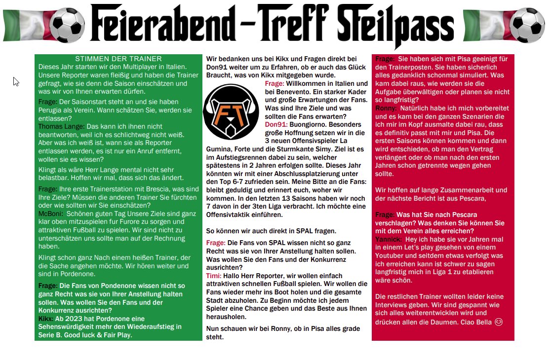 Unser FM-Sportblatt für den neuen FM. Die Interviews mit den Trainern im Multiplayer Italien Save. Wir sind alle Feuer und Flamme 🔥⚽️🇮🇹