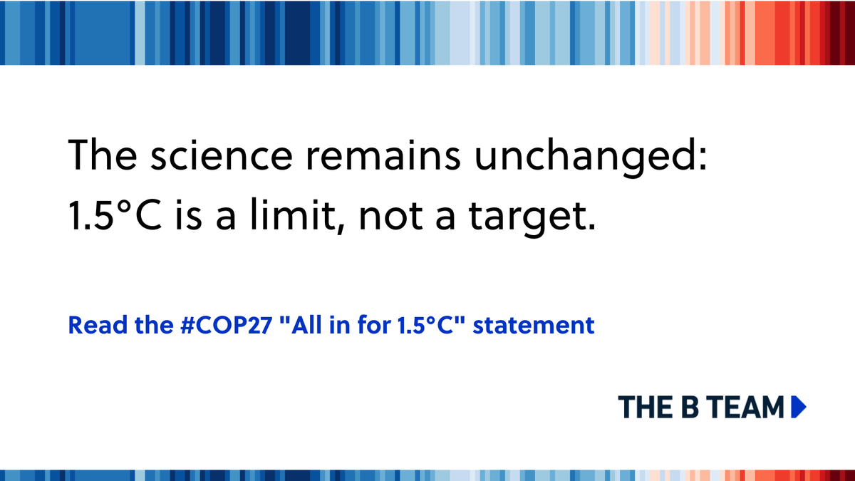 Every fraction of a degree of global heating matters.

That's why, alongside our partners, we've organized a broad coalition of leaders in calling on govt's to deliver on their commitment to limit global warming to 1.5°C.

Statement: bteam.org/our-thinking/n… #COP27 #Allinfor2030