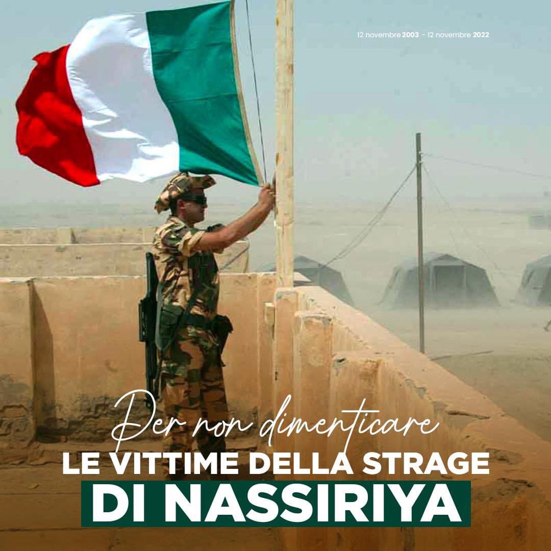 Onoriamo il ricordo degli eroi italiani che persero la vita in Iraq. Nel diciannovesimo anniversario della vile strage di #Nassiriya, la nostra riconoscenza a loro e a tutti i servitori della Patria che ogni giorno, con orgoglio, combattono per difendere confini, pace e libertà.