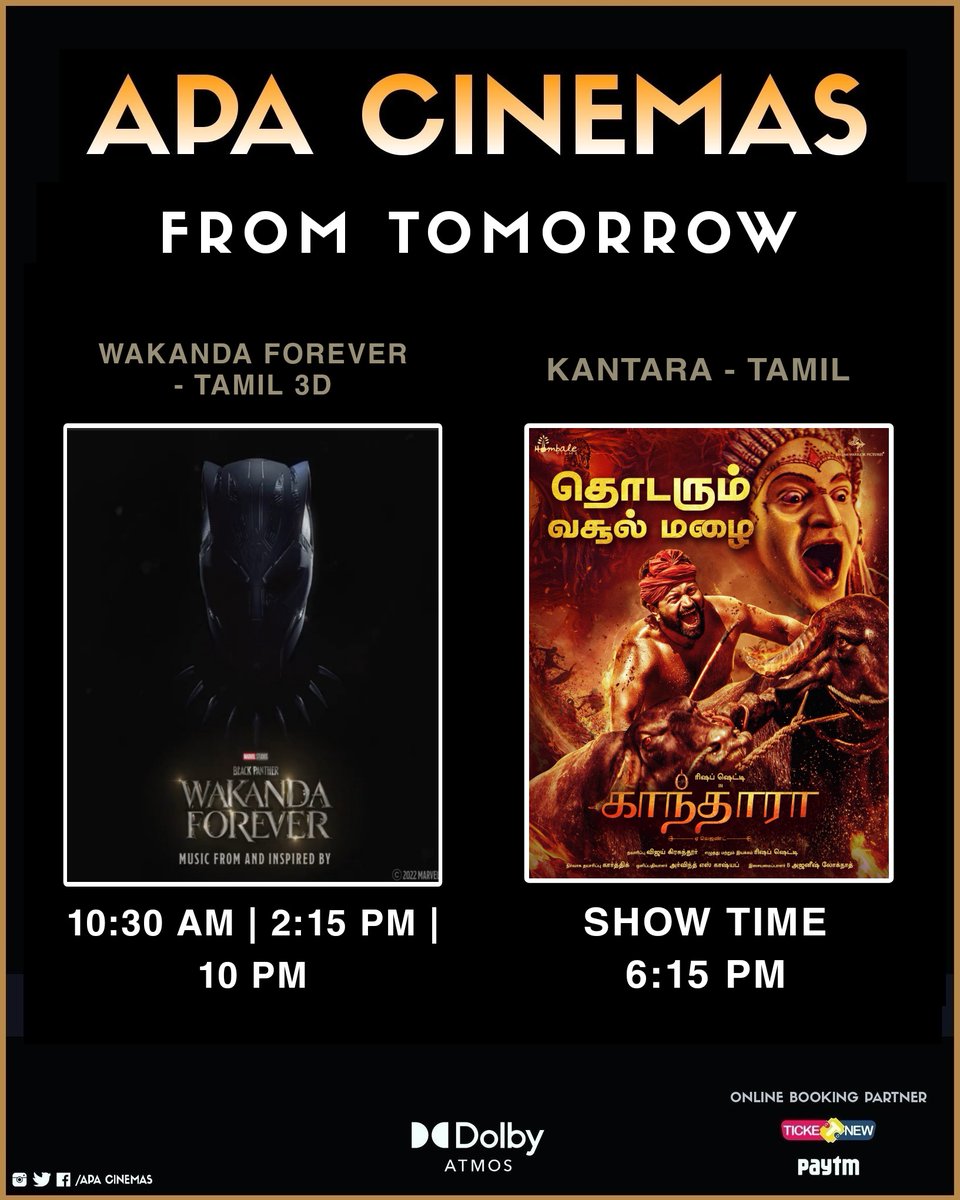 APA_Cinemas_KKD's tweet photo. #WakandaForever & #KantaraMovie from tomorrow at your #APACinemas #DolbyAtmos64channel #7WaySoundSystem
#WakandaForever : 10:30 AM | 2:15 PM | 10 PM
#KantaraTamil : 6:15 PM
@siddhu_viva https://t.co/D4TjBZ1gSK